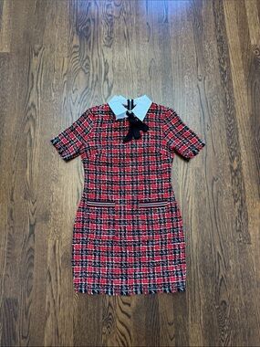 🤪🤪 KINGSTON Red and White Tweed Dress with Black Trim